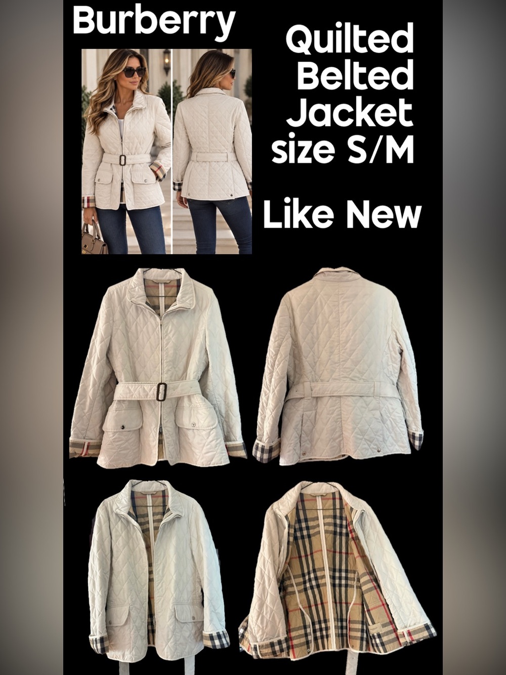 Burberry Cream Quilted Belted Trench Jacket